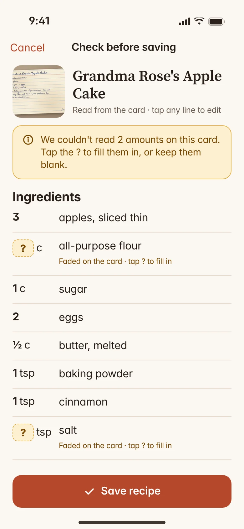 A scanned recipe card with unclear values marked with a question mark