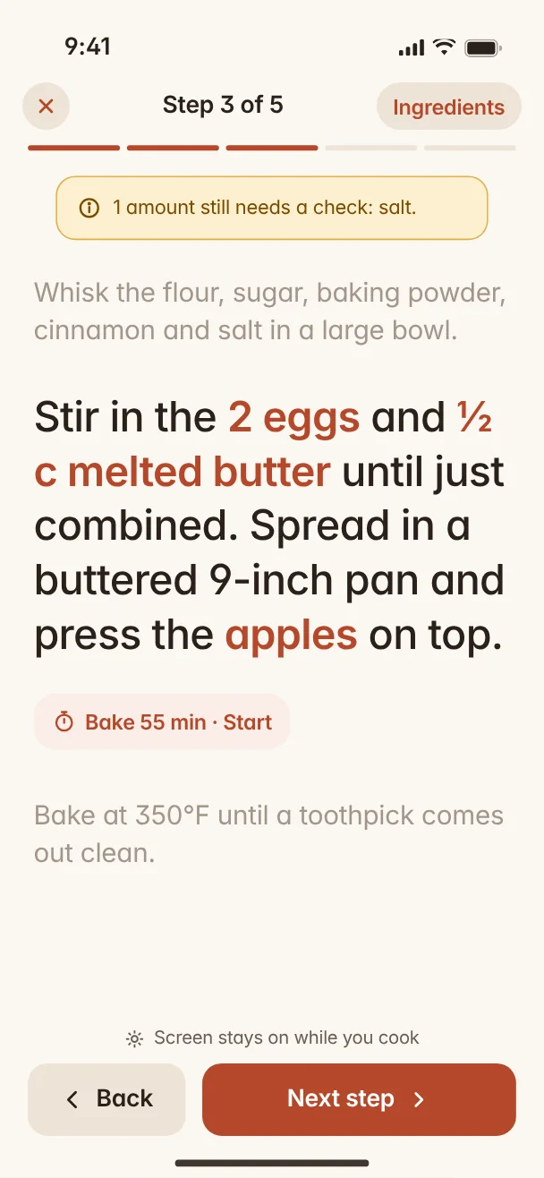 Cook mode showing one large step at a time with the ingredients it uses