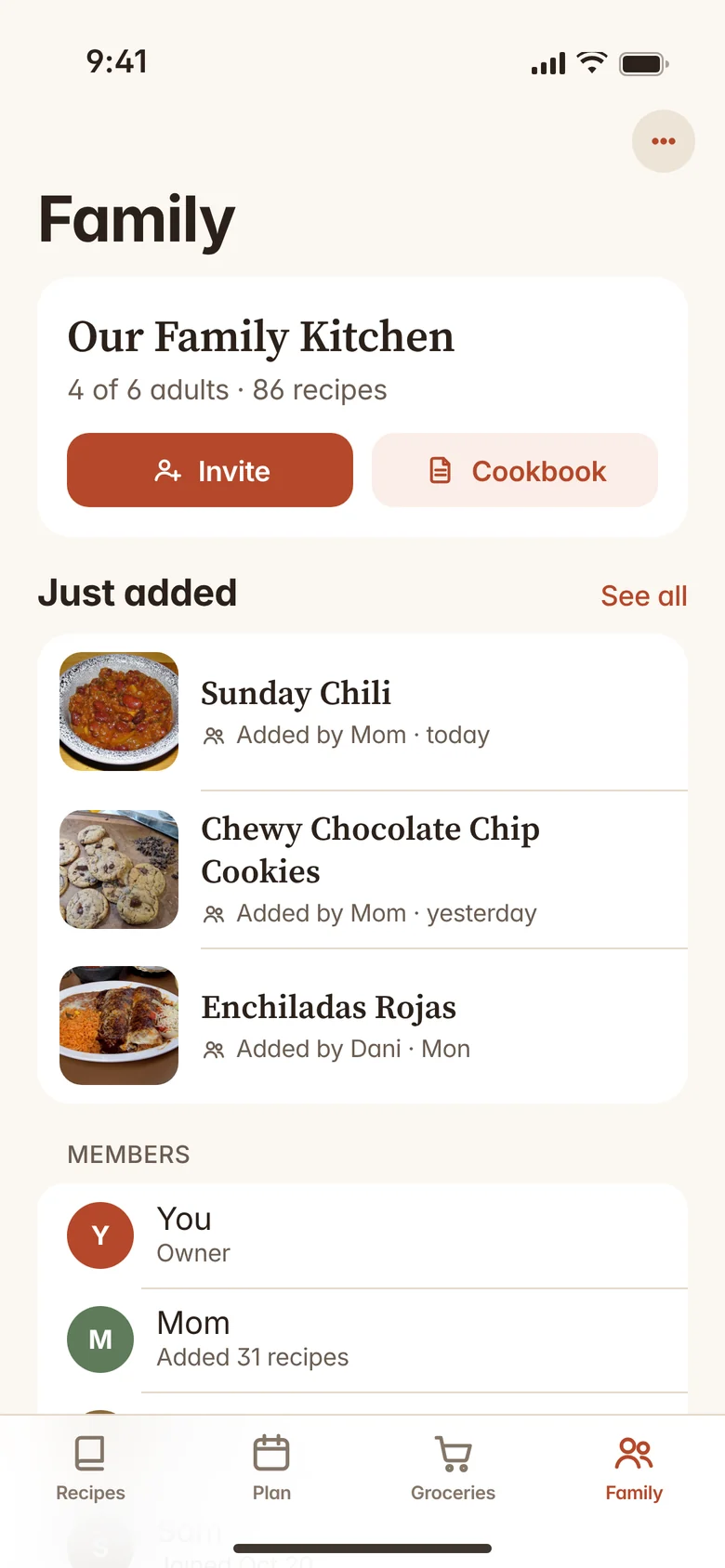 A shared family library with recipes added by different family members