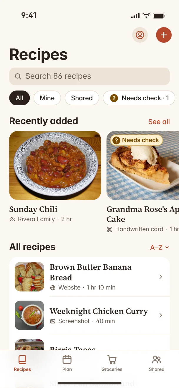 Recipe Saver library with search, recently added recipes and an A to Z list