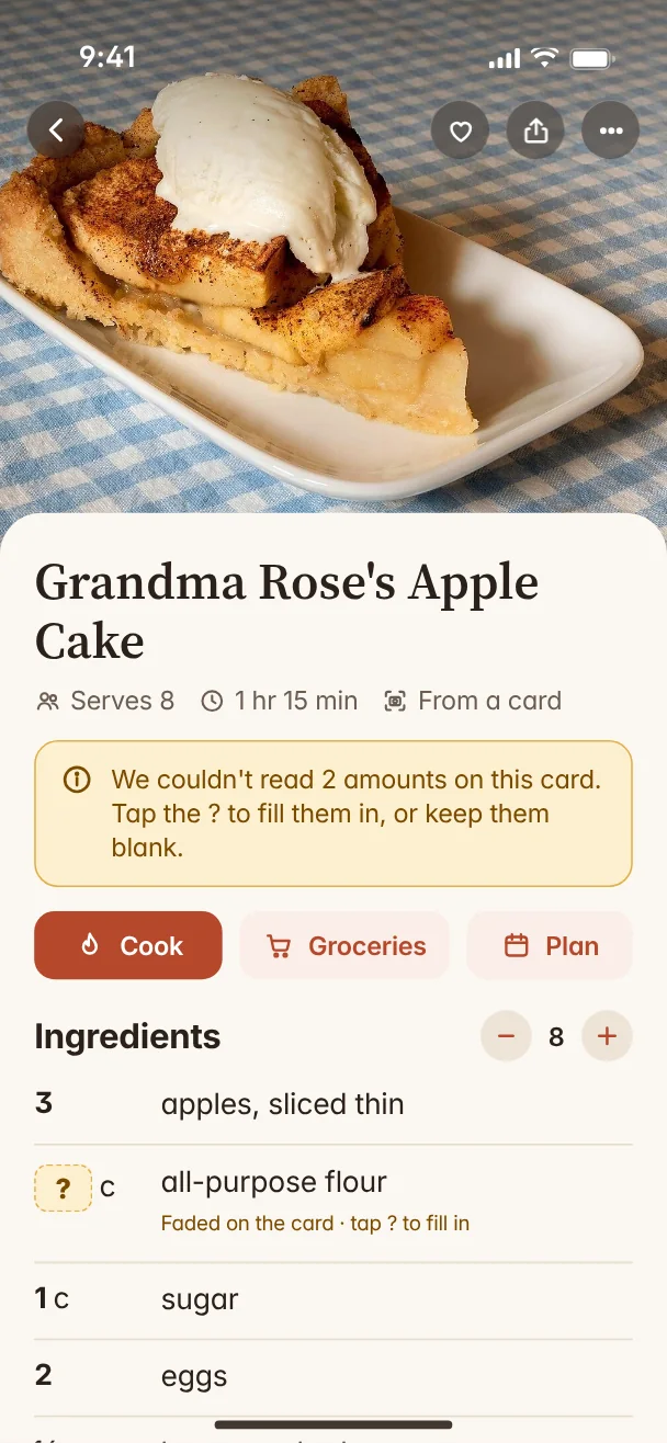 A recipe scanned from a handwritten card, with two unclear amounts marked for checking